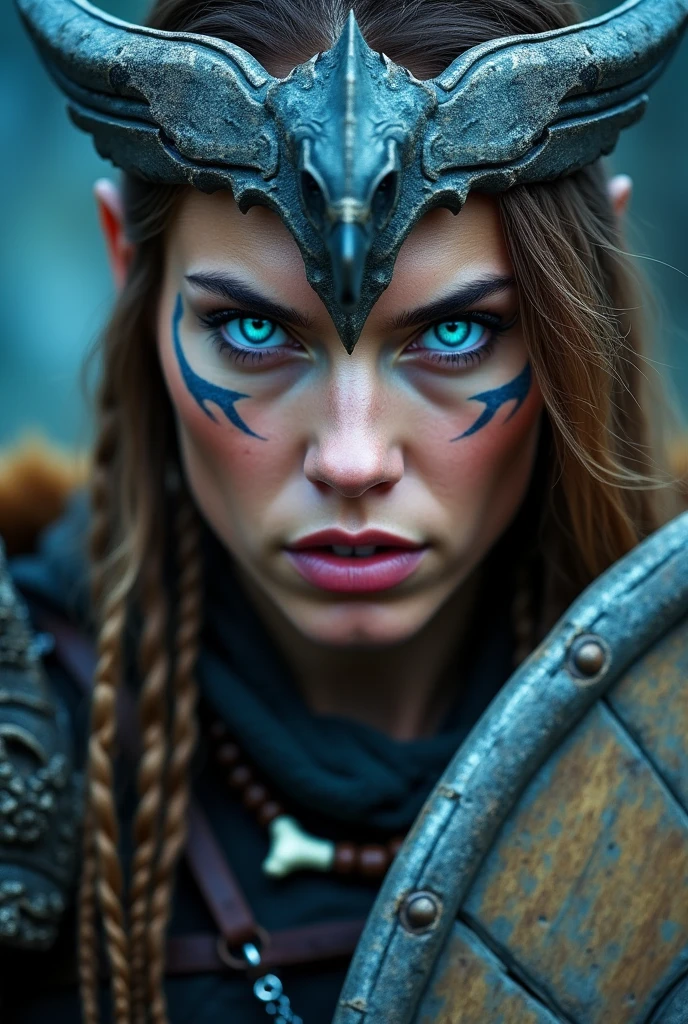 Close up face beautiful viking woman, wooden shield in hand , strong blue light in the eyes, eagle crown , tribal design on the eyes, Angry, bone ornaments on the neck, battle armor, focused, braids in hair
