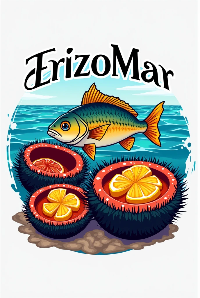 Logo "cevicheria erizomar" and that has a fish and open sea urchins with yellow inside ceviche seafood.  Que sea bonito  los erizos de comer realss con letras bonitas como letering ya pero las letras mas juntas

