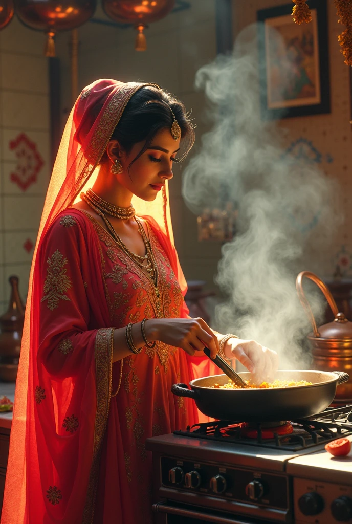 pakistani bride cooking in kitchen