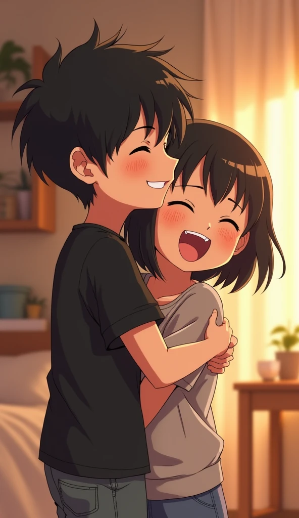 "A 2 thin young anime boy with short black hair playfully holds his sister from behind in a warm, cozy room. He's smiling in a mischievous yet cheerful way, while she laughs, leaning slightly forward. Both are casually dressed, with the boy wearing a black t-shirt. The room is softly lit, with warm tones, creating a lighthearted and affectionate sibling moment."