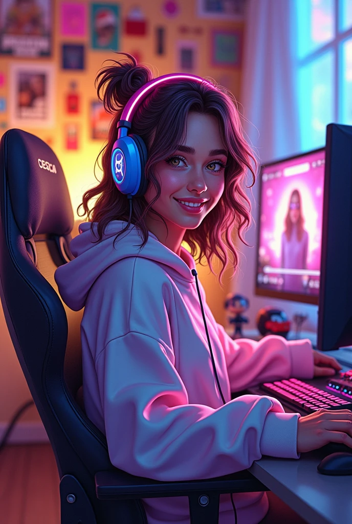 Energetic Pokimane, lively digital illustration, vibrant pink and blue gaming headset hugging her head, warm smile radiating cheerful charisma, cozy streaming room brimming with colorful LED lights, plush gaming chair adorned with oversized pillows featuring her favorite characters, eclectic wall adorned with gaming posters and playful memorabilia, stylish oversized hoodie splashed with pastel hues, sparkling eyes reflecting excitement and joy, delicately tousled hair falling gracefully around shoulders, gaming setup showcasing dual monitors displaying lively gameplay, glowing stream interface framed in neon colors, bright gaming console and figurines scattered across the desk, inviting atmosphere filled with energetic vibes and playful charm, while a warm golden hour glow spills in from a nearby window creating a cozy ambiance, dynamic composition emphasizing her engaging demeanor amidst her gaming sanctuary, relatable essence captured through intricate details in expression and attire, pop-culture references expertly woven throughout the scene, modern digital art style showcasing rich colors and smooth brushwork, ultra-high-resolution rendering celebrating her unique identity and connection to the gaming community.
