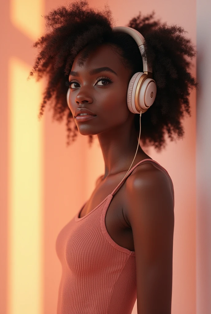 Create a standing portrait of a young Black woman with beautiful caramel skin. She is listening to music with stylish, luxury headphones inspired by Kim Kardashian, set against a soft cool pastel-colored background.