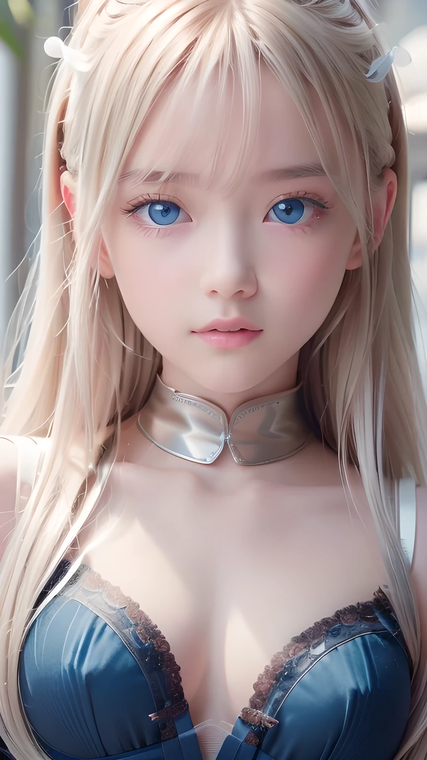 Highest quality、8K masterpiece、Ultra-high resolution、(Realistic:1.3)、RAW Photos、 Scandinavian girl with shiny blonde hair、Silvery blonde hair、Super long straight hair、Bangs between the eyes、Bangs that fall over the eyes、Bangs over one eye、Bangs between the eyes、Incredibly white, glowing skin、1. Cyberpunk Super Beautiful Soldier、((Ultra-Realistic Details))、Portraiture、Global Illumination、Shadow Realm、Octane Rendering、8k、Ultra Sharp、metals、Cool colors、、Very intricate details、Realistic Light、Trends of the CG Association、Very beautiful big bright blue eyes、Very big eyes、Eyes shining at the camera、Neon Details、Small Face Beauty、Round face、Highlights of cheek luster、eyeliner