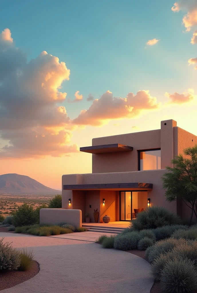 An adobe house and next to it a modern one, in the background there is a hill, the sun is setting and the sky is blue