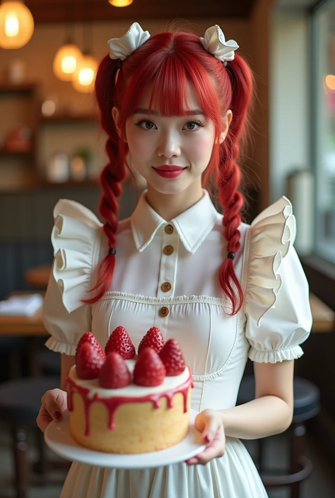 promo photo, the place is a cafe, 1 girl, sluty face , waitress carrying cake to the table, twin red tails, rosto gentil, half gothic ta and maid costume with strawberry image, white-based clothes,