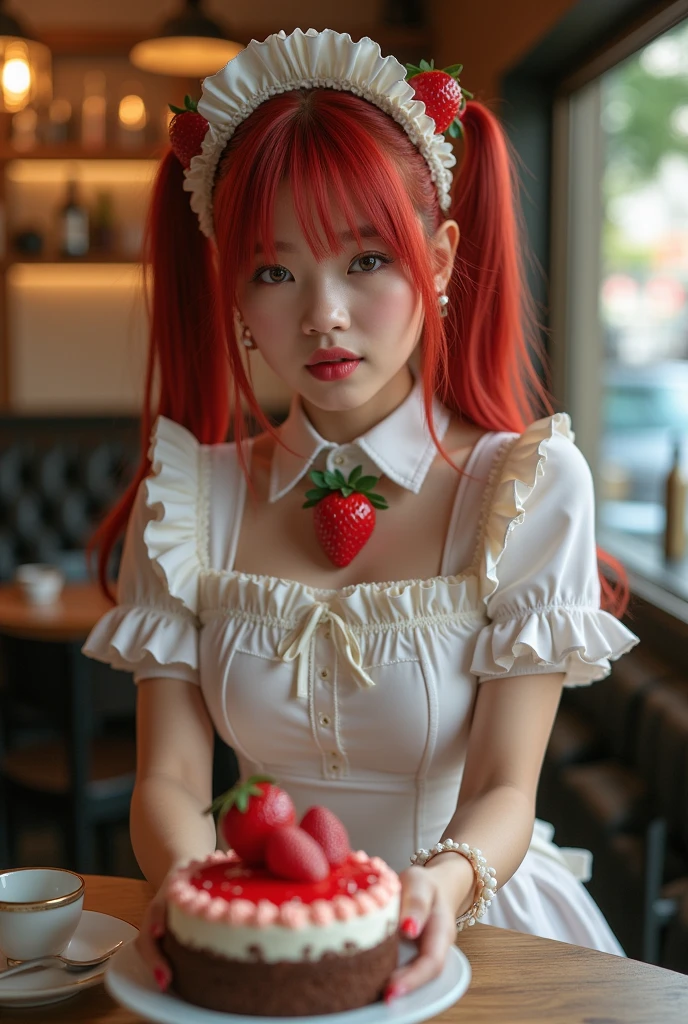 promo photo, the place is a cafe, 1 girl, sluty face , waitress carrying cake to the table, twin red tails, rosto gentil, half gothic lolita and maid costume with strawberry image, white-based clothes,