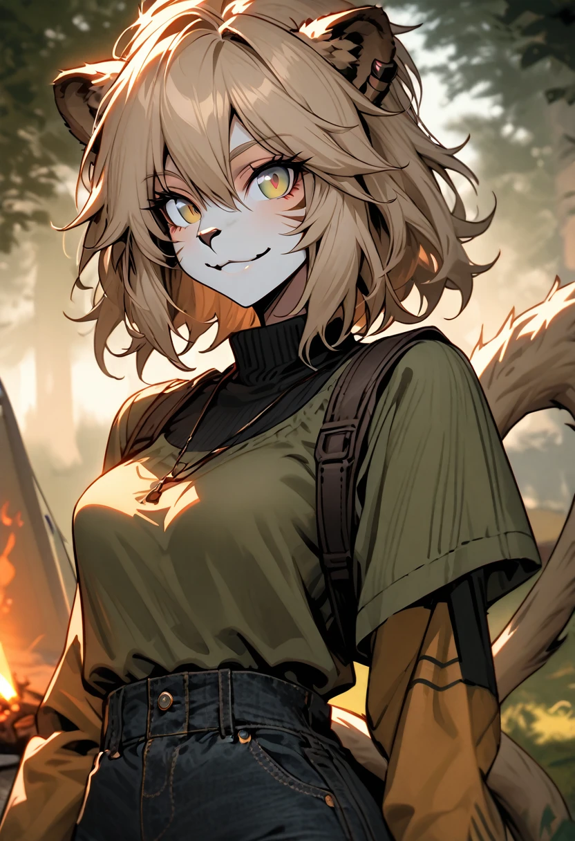 solo female, lion girl, lion ears and tail, short wild sandy hair, hazel eyes, fit, broad shoulders, narrow waist, curvaceous, tomboy, smile, furry claws, casual clothes, underbrush, outdoors, camping, close up