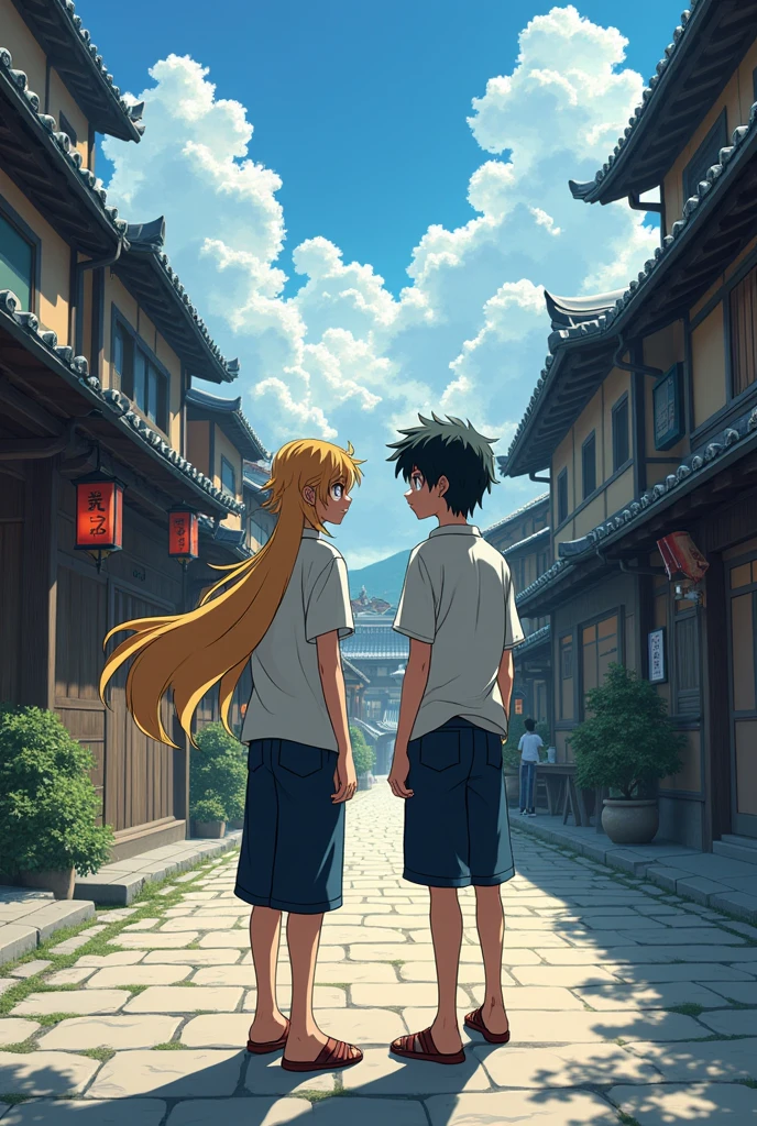 Japanese anime 20 year boy with blond mid hair, with his bestfriend anime 20 years boy with black hair in a old samouraï japanese street