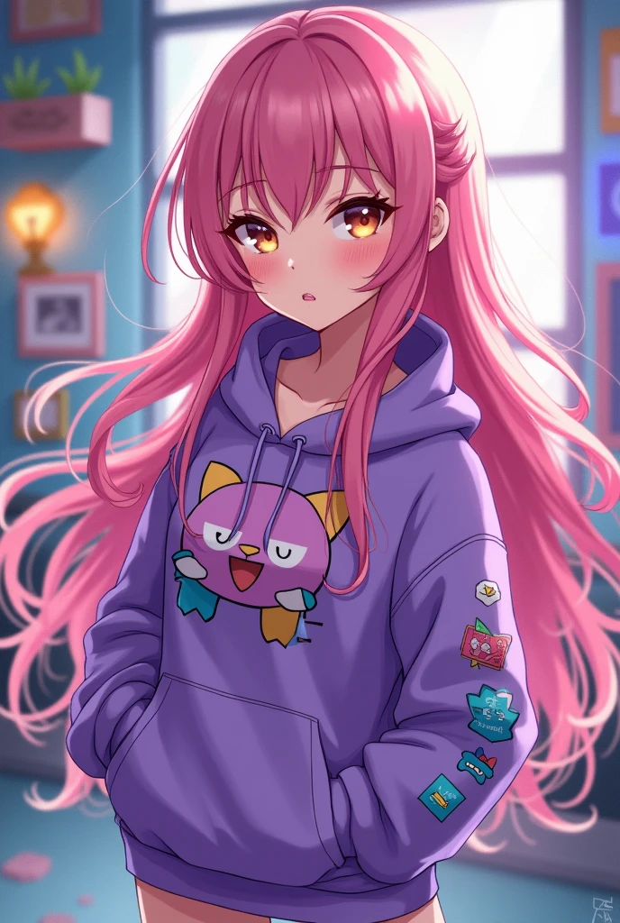 Kizi，Rosy red purple hair，blueneyes，fox ear，modern attire，full bodyesbian，Blue sweatshirt，long whitr hair，Qi bangs，Set the chart，Handsome