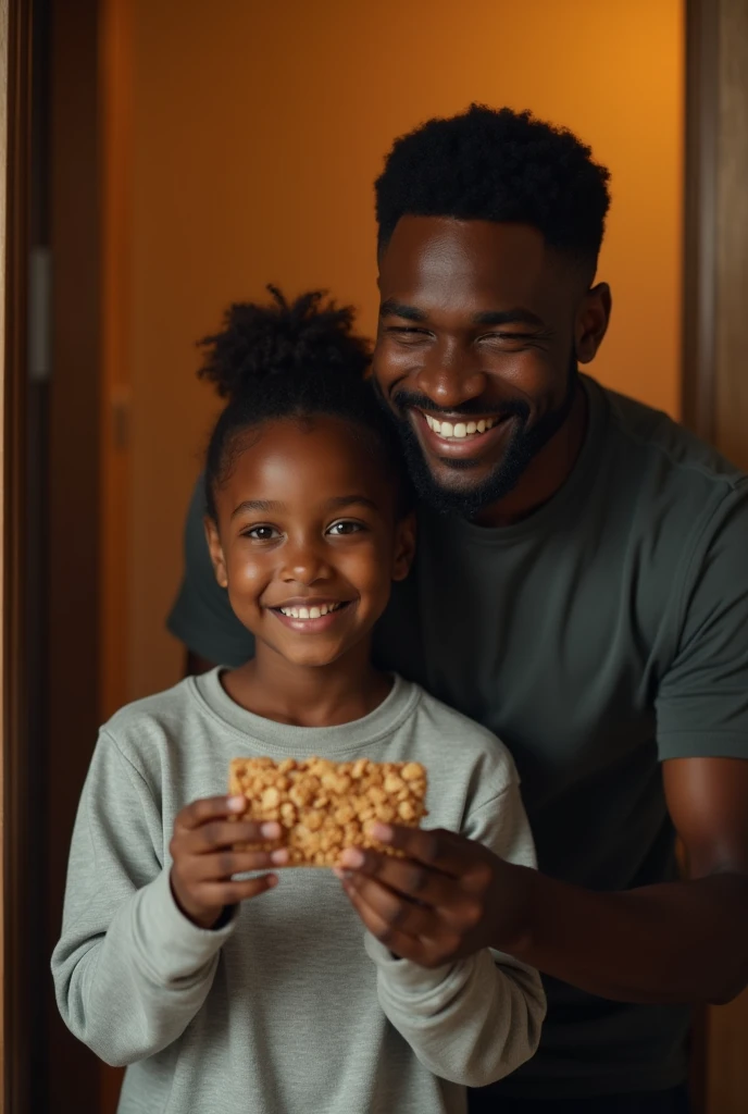 a tired but happy black man arriving home, HIS MOTHER giving him a cereal bar, detailed portrait, beautiful eyes, realistic, photorealistic, 4k, high resolution, masterpiece, cinematic lighting, warm colors, cozy interior, soft shadows The mother needs to be in the photo.