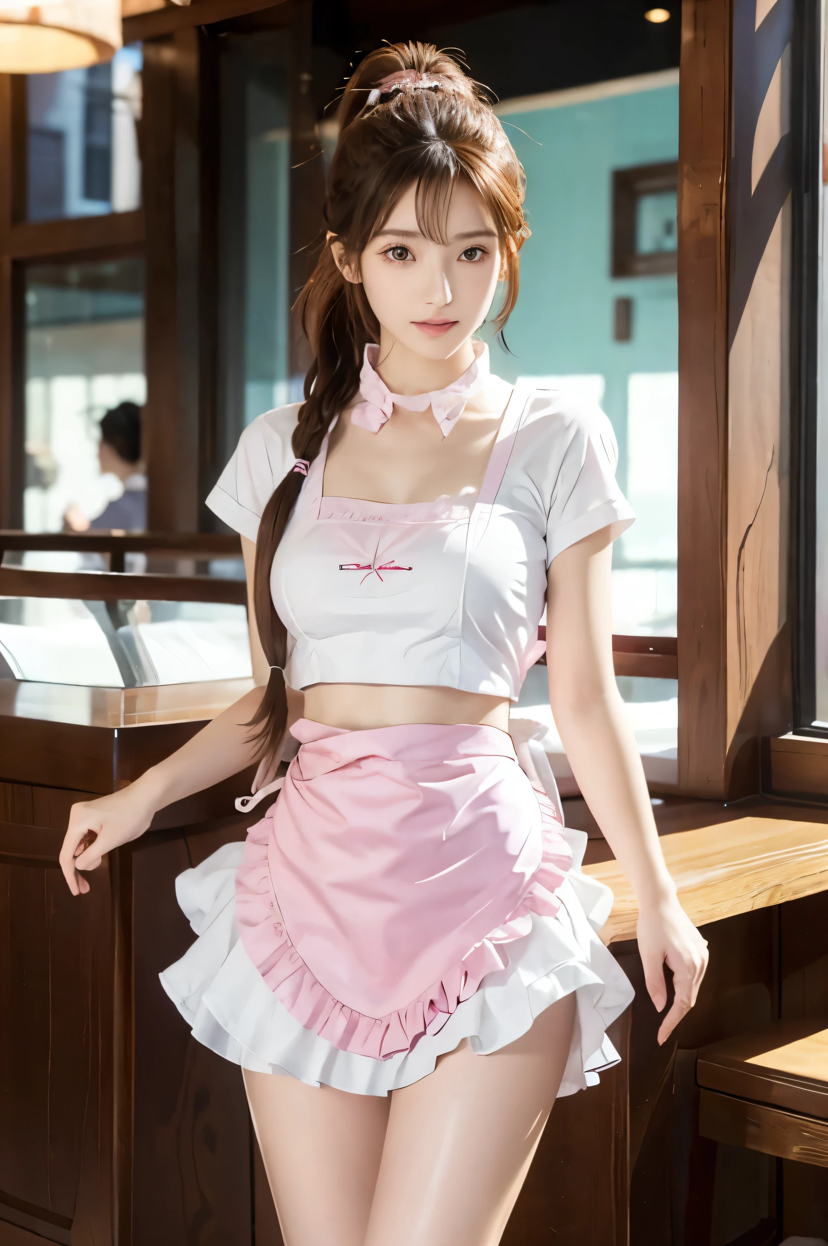 (Ultra HD), (Looking at me), (The whole body is shown), (Pink waitress:1.2, Apron with white frills), Super beautiful breasts, Big Breasts, slender, Narrow waist, (Thin legs:1.2), (Thin thighs:1.2), (Thin Hips:1.4), (Beautiful Skin, Shiny skin, White skin), (Super slim face, Super beautiful face, No makeup, Smile:0.6), (light brown, ponytail, Layered Cut, Fluffy hair), (double eyelid, Slanted Eyes), Small Nose, Thin lips, Are standing, Coffee shop