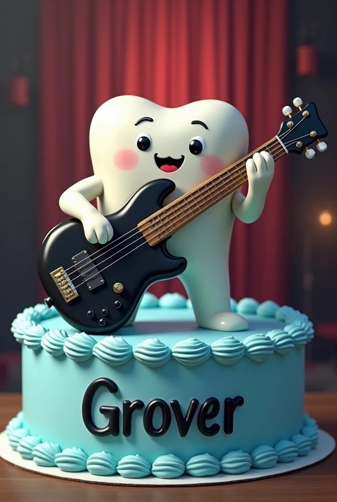 A male tooth playing a black five-string electric bass, on top of a cake with light blue cream that has the name GROVER, with a stage background