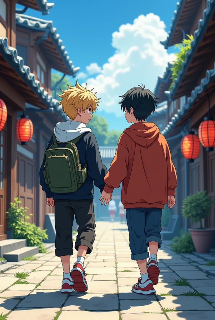 Japanese anime 20 year boy with blond hair, with his bestfriend anime 20 years boy with black hair in a old samouraï japanese street 