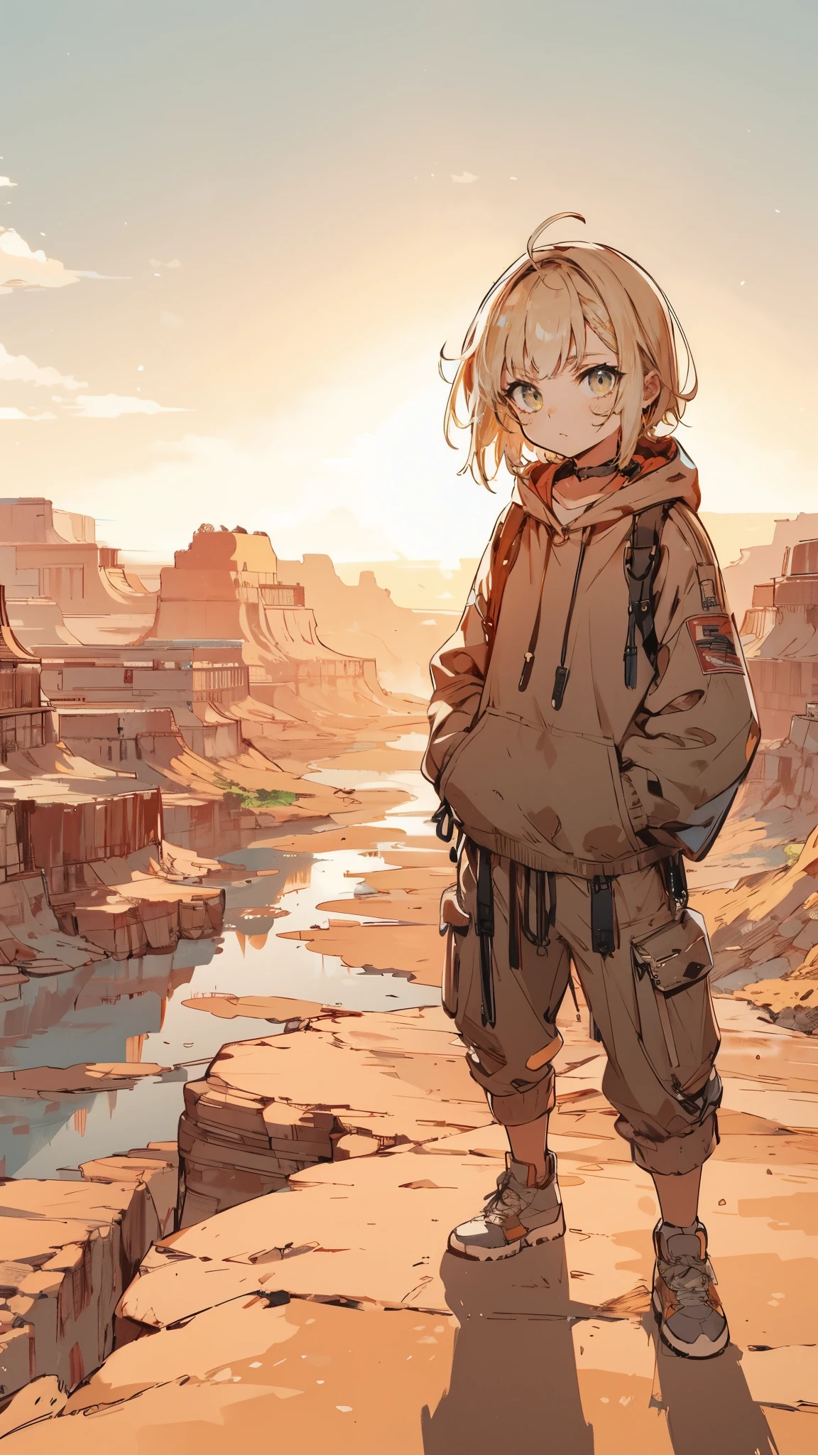 A young girl with a rebellious look, standing on the edge of a vast desert canyon at sunrise. The barren landscape stretches out behind her, with jagged rocks and a dry riverbed below. The warm, golden light of the sunrise casts long shadows, illuminating the determination in her eyes, (high quality), (masterpiece), (detailed), 8K, Anime style character with (cool and edgy tattoos1.3), dressed in (fashionable clothing1.2), posing confidently. Expression fierce, stylish accessory coiled around arm. Thicker outlines emphasize striking, modern fashion, vibrant palette enhances scene.