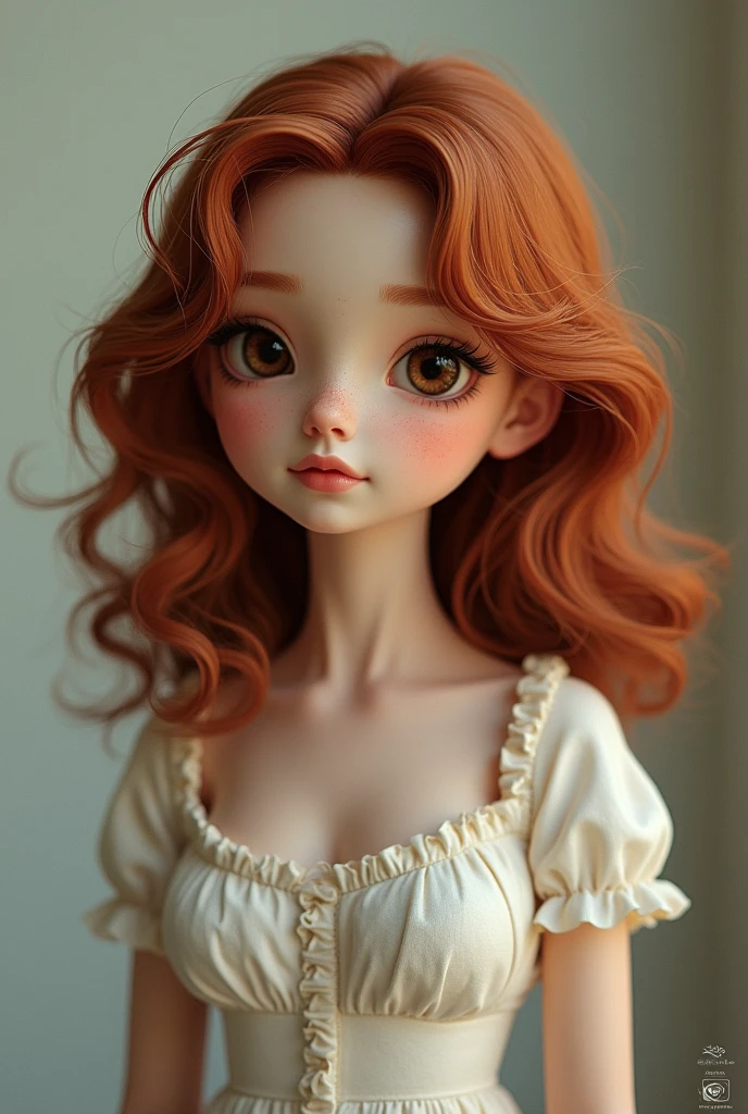 She is a girl,57cm with hourglass body, white skin and freckles, dark brown eyes, shoulder length curly reddish brown hair. medium wide nose