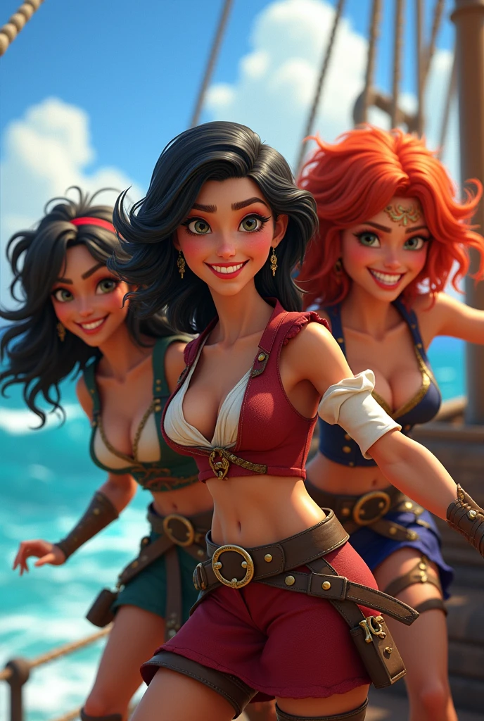 Three female pirates, one with black hair and two with red hair in Pixar