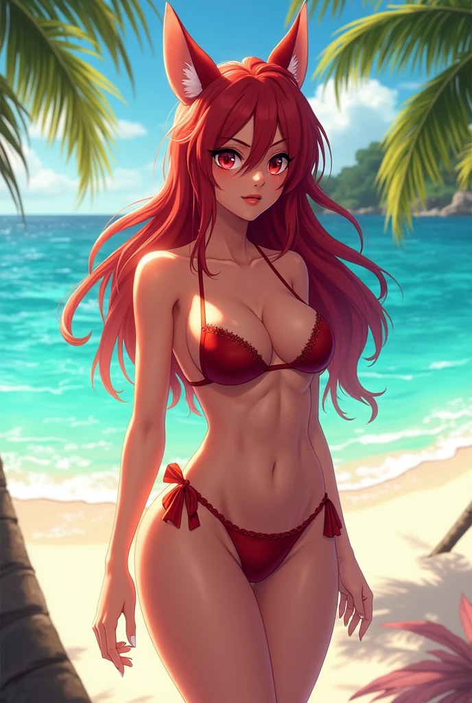 (Una ragazza anime furry latina con culo e tette enormi con bikini in spiaggia a fianco a me e he occhi e capelli rossi
