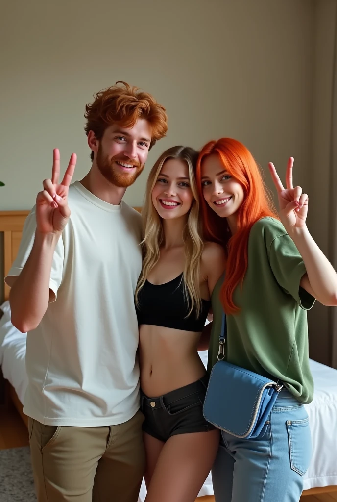 (photorealism:1.2), Casual, candid photo of three young adults in a bedroom. The layout is vertical, with the subjects standing close to each other, smiling and making peace signs. The person on the left is a tall man with short, American-style red hair, a well-defined red beard, a light skin tone, and is wearing a white t-shirt. The person in the middle is a woman with long, vibrant blonde hair, a light skin tone, and is wearing a black crop top and shorts. The person on the right is a woman with long, straight red hair, a light skin tone, and is wearing an oversized green t-shirt with a blue crossbody bag. The room has a bed with white sheets, a gray rug, and a hardwood floor.