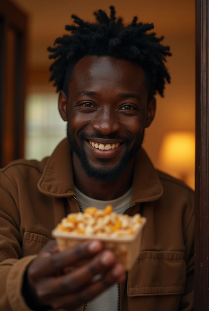 a tired but happy black man arriving home, HIS MOTHER giving him a cereal bar, detailed portrait, beautiful eyes, realistic, photorealistic, 4k, high resolution, masterpiece, cinematic lighting, warm colors, cozy interior, soft shadows