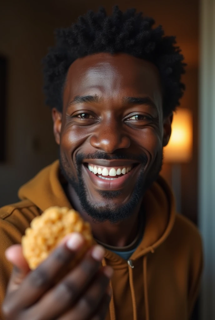 a tired but happy black man arriving home, HIS MOTHER giving him a cereal bar, detailed portrait, beautiful eyes, realistic, photorealistic, 4k, high resolution, masterpiece, cinematic lighting, warm colors, cozy interior, soft shadows