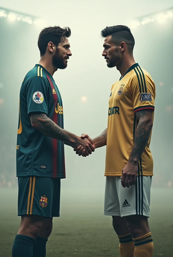 Messi holding Cristiano Ronaldo's hand