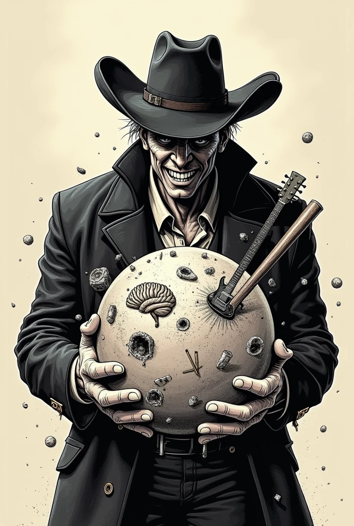Create a doodle that is basically a bunch of shapes (spiked baseball bats, broken brains, Weapons, guitars, etc) inside a ball, and outside there is a guy with a cowboy hat and a black jacket, Billy Butcher style, with a malevolent smile, holding the ball