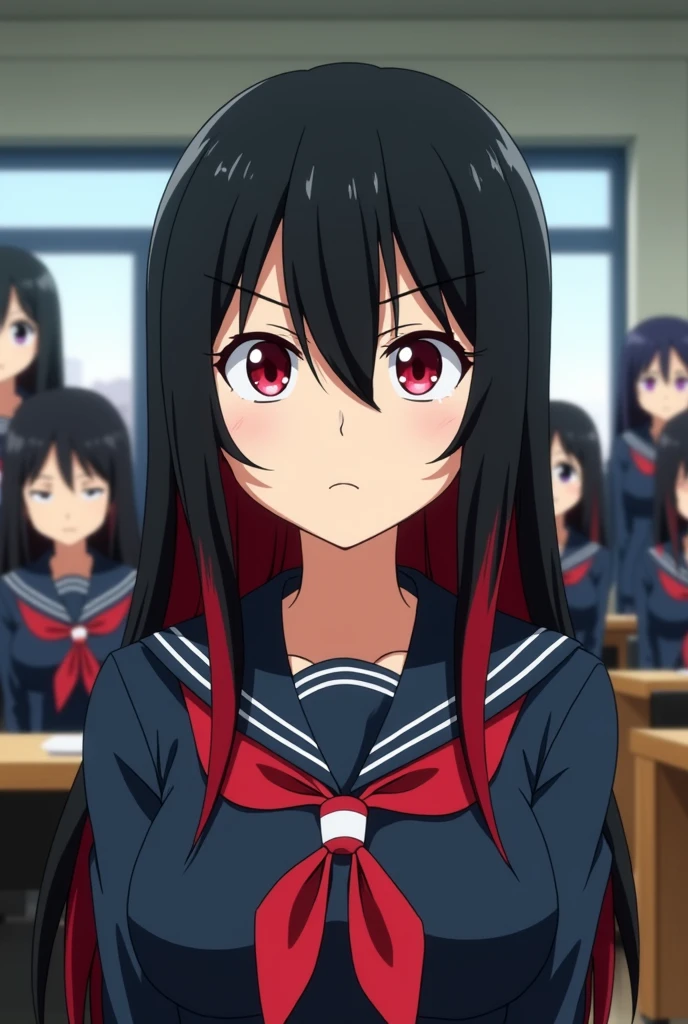 Screenshot of my hero academia.
Straight hair girl Black hair color with red tips and With long hair. He has dark red eyes and has a serious expression.. He is wearing the My Hero Academia uniform and in the background he has a My Hero Academia school class.