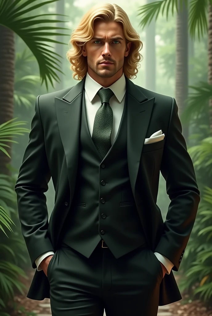 a tall man with green eyes, blond hair, handsome, millionaire, south american background