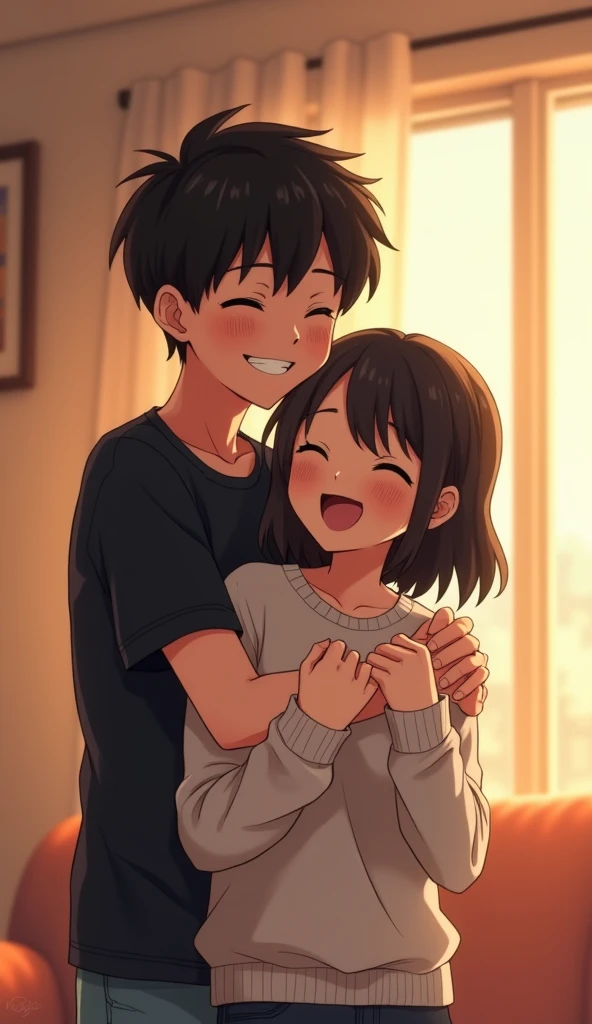 "A 21 Year-old thin anime boy with short black hair playfully holds his sister from behind in a warm, cozy room. He's smiling in a mischievous, flirty yet cheerful way, while she laughs, leaning slightly forward. Both are casually dressed, with the boy wearing a black t-shirt. The room is softly lit, with warm tones, creating a lighthearted and affectionate sibling moment."