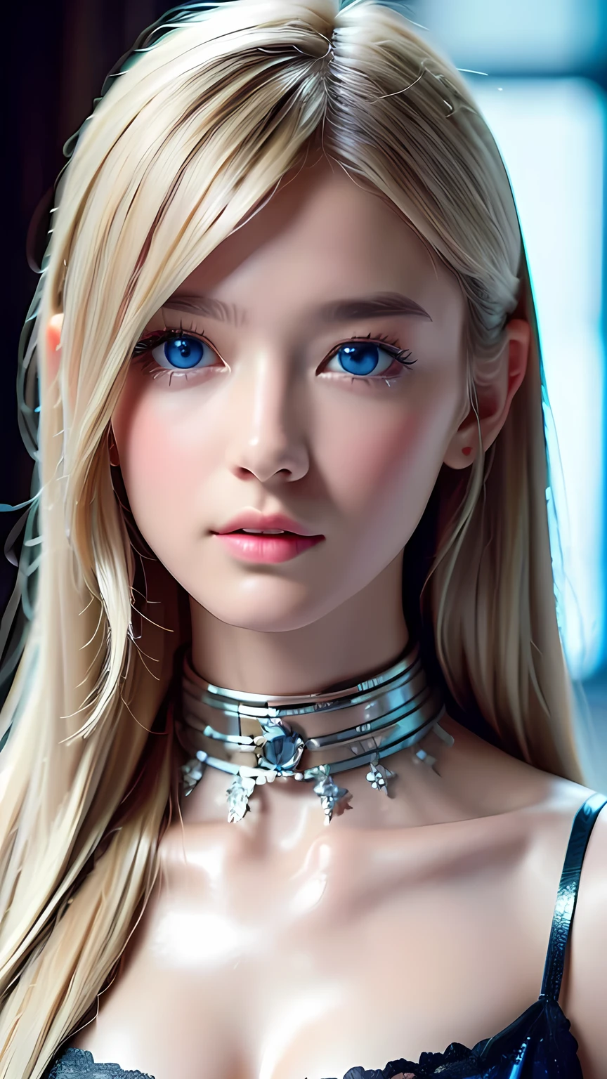 Highest quality、8K masterpiece、Ultra-high resolution、(Realistic:1.3)、RAW Photos、 Scandinavian girl with shiny blonde hair、Silvery blonde hair、Super long straight hair、Bangs between the eyes、Bangs that fall over the eyes、Bangs over one eye、Bangs between the eyes、Incredibly white, glowing skin、1. Cyberpunk Super Beautiful Soldier、((Ultra-Realistic Details))、Portraiture、Global Illumination、Shadow Realm、Octane Rendering、8k、Ultra Sharp、metals、Cool colors、、Very intricate details、Realistic Light、Trends of the CG Association、Very beautiful big bright blue eyes、Very big eyes、Eyes shining at the camera、Neon Details、Small Face Beauty、Round face、Highlights of cheek luster、eyeliner
