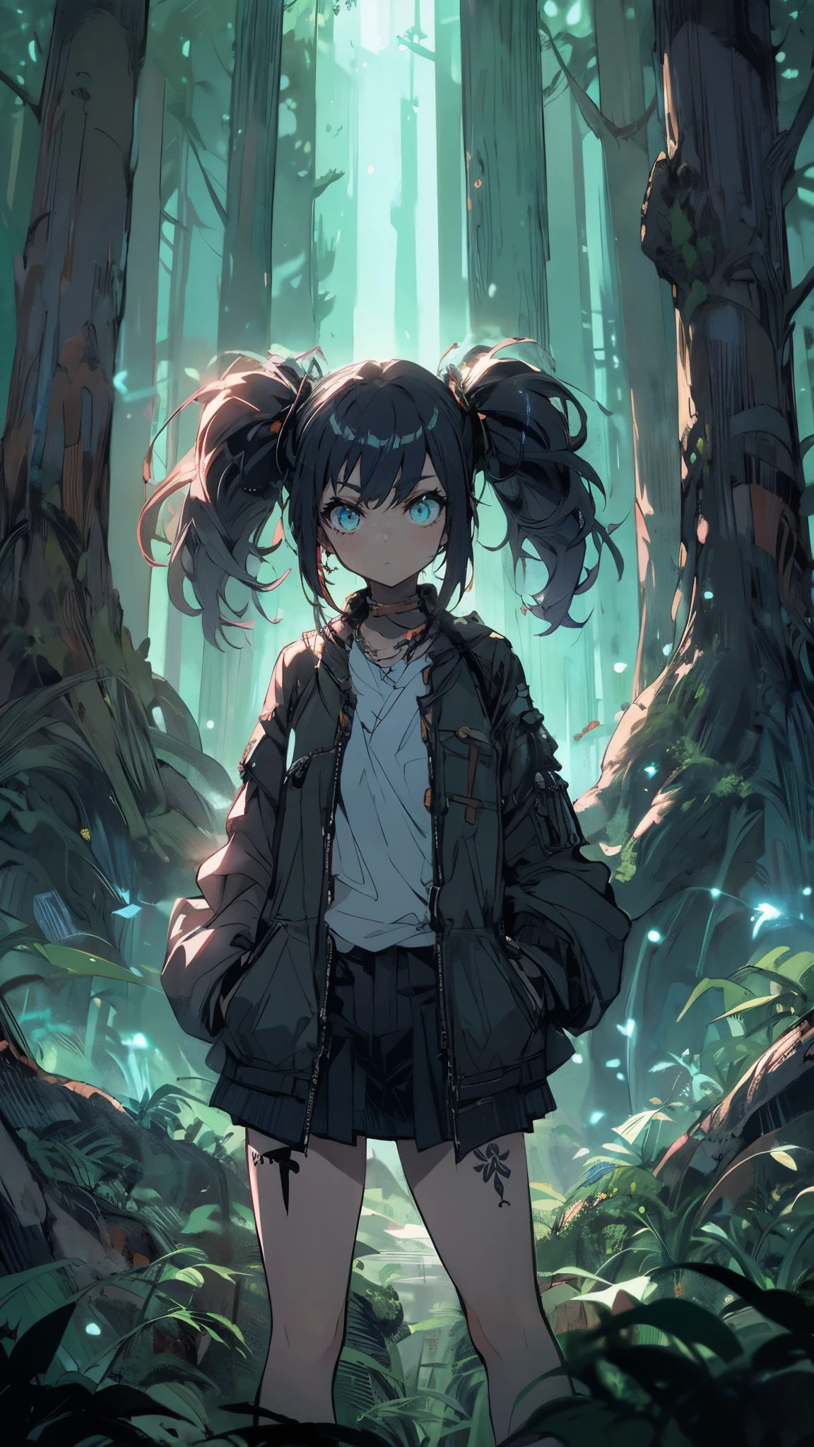 A tough young girl with twin ponytails, standing in a dense, mystical forest. The towering trees around her are ancient, with thick roots and bioluminescent plants glowing softly in the underbrush. A soft mist rolls through the scene, adding an ethereal quality to her rebellious presence.
Modifiers: mystical forest, bioluminescence, misty, ethereal, detailed, fantasy, soft glow, sharp focus, (high quality), (masterpiece), (detailed), 8K, Anime style character with (cool and edgy tattoos1.3), dressed in (fashionable clothing1.2), posing confidently. Expression fierce, stylish accessory coiled around arm. Thicker outlines emphasize striking, modern fashion, vibrant palette enhances scene.