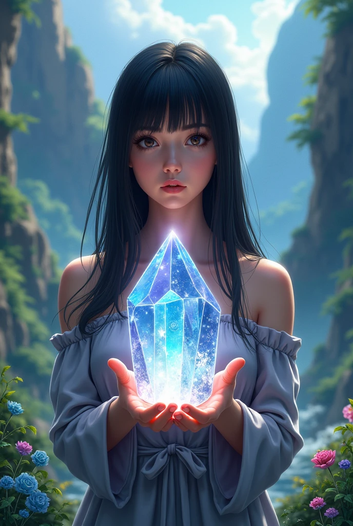 Girl Holding A Beautiful Quartz Crystal In Her Hand, with straight black hair and black eyes, in commercial logo written Silveira Crystals, in a very beautiful landscape with nature and crystals present
