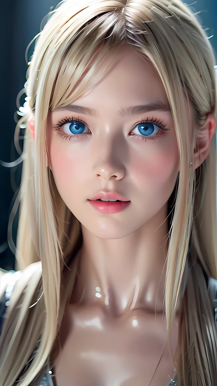 Highest quality、8K masterpiece、Ultra-high resolution、(Realistic:1.3)、RAW Photos、 Scandinavian girl with shiny blonde hair、Silvery blonde hair、Super long straight hair、Bangs between the eyes、Bangs that fall over the eyes、Bangs over one eye、Bangs between the eyes、Incredibly white, glowing skin、1. Cyberpunk Super Beautiful Soldier、((Ultra-Realistic Details))、Portraiture、Global Illumination、Shadow Realm、Octane Rendering、8k、Ultra Sharp、metals、Cool colors、、Very intricate details、Realistic Light、Trends of the CG Association、Very beautiful big bright blue eyes、Very big eyes、Eyes shining at the camera、Neon Details、Small Face Beauty、Round face、Highlights of cheek luster、eyeliner