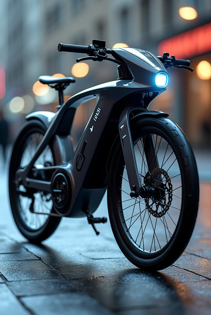 Create the Image of the Futuristic Bicycle Frame Structure: Full length: 1,9 meters. full width: 0,6 meters. The frame must have a fluid and aerodynamic design. Imagine a sleek, sculpted shape, with soft, curved lines, in the shape of a Cheetah. wheels: Tamanho das wheels: 29 inches. Thin and light rims, with a spiral inner spoke design. The wheels must fit well with the aerodynamic design of the frame. seating: Altura do seating: Adjustable from 0,75 a 1,5 meters. The seat must have an ergonomic and futuristic shape, possibly with a textured surface and electrically adjustable. handlebar: Altura do handlebar: Adjustable from 1,0 a 1,3 meters. The handlebars should have an adjustable design and be integrated with a control screen., arrows and sensors on a futuristic panel with electronic controls. Strong pedals with LEDs and directional arrows. Brakes and Transmission: Hydraulic disc brakes with a futuristic design and integrated sensors. Magnetic induction gear chain drive system with 12 gears visible and discreetly integrated into the frame. electrical system: The more discreet battery and solar panel should be integrated into the frame. The battery must be compact and the solar panel must be discreet, located in a strategic location of the frame. Lighting: LEDs integrated into the frame, prominent headlight in the shape of a cheetah's head and psychedelic wheels. Lighting should be automatically adjustable based on ambient light. Sensors and Technology: Sensors and displays integrated throughout the frame and sport handlebars. They must be ideal and integrated in such a way as not to distract from the elegant and aggressive design..