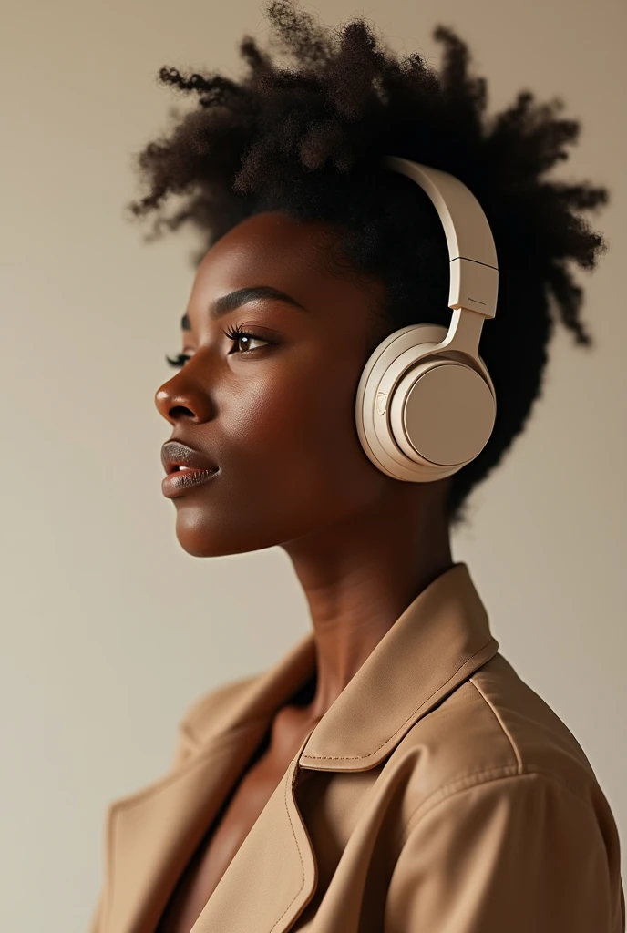 Create a standing portrait of a young Black woman with beautiful caramel skin. She is listening to music with stylish, luxury headphones inspired by Kim Kardashian
