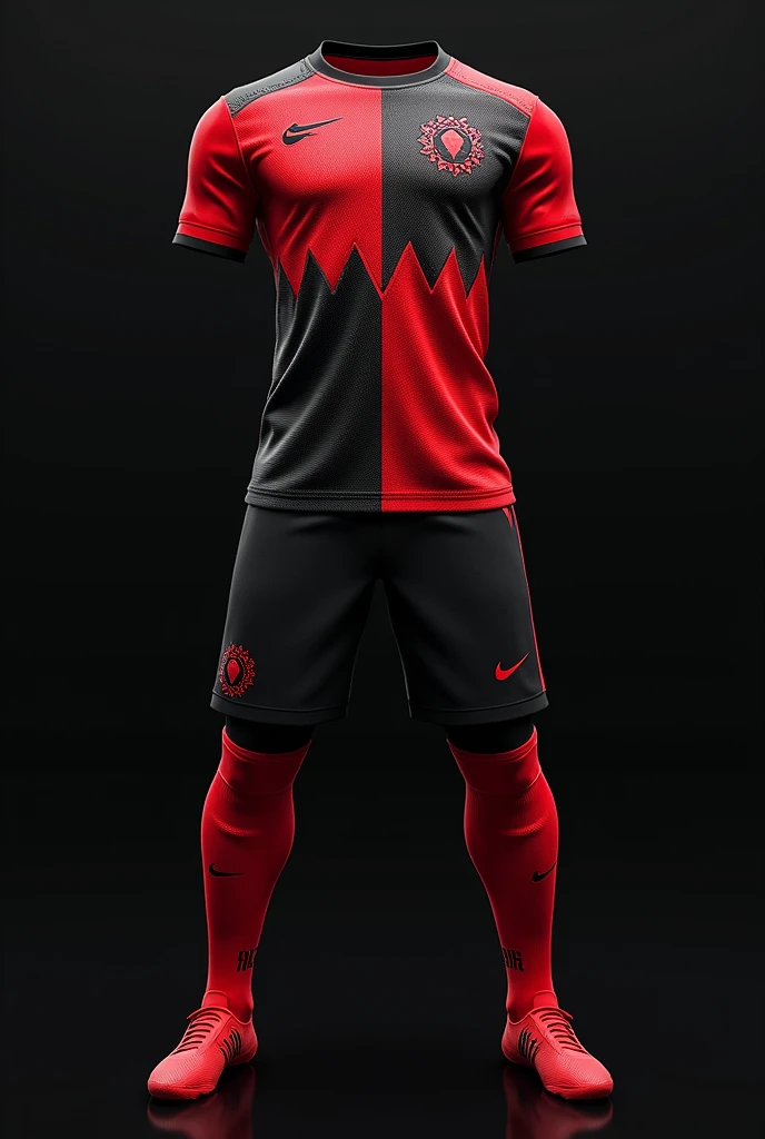 Create a football team kit that has the colors red and black, I want it to be a warlike style but at the same time modern with many interesting details