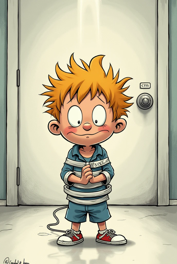 Calvin(Calvin & Hobbes) wearing a straitjacket in a mental hospital