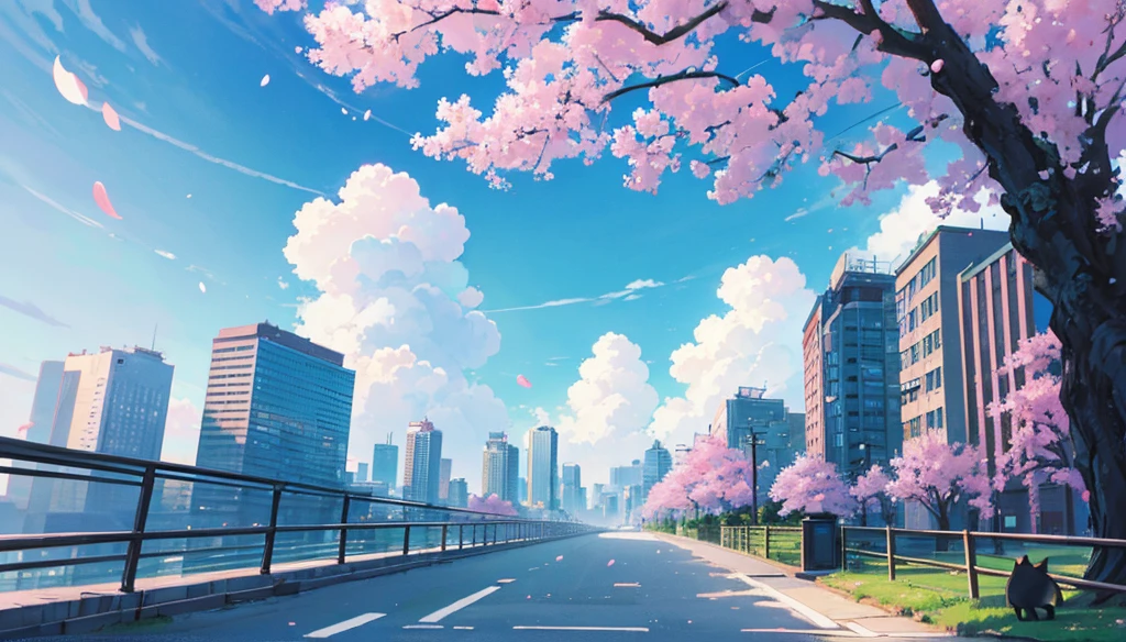 (extremely detailed CG unity 8k wallpaper), (best quality), (best illustration), (best shadow), realistic lighting, beautiful detailed reglow, masterpiece, best quality, lofi artstyle, lofi art, 80s anime style, Retro, Lo-Fi, Lofi Sensation, Portrait of Lofi, Lofi Colors, Lofi Vibes , Lofi atmosphere, Lofi hip hop, pastel, outdoors, sky, day, cloud, tree, blue sky, petals, no humans, cat, cherry blossoms, ground vehicle, building, scenery, city, cityscape, black cat, skyscraper