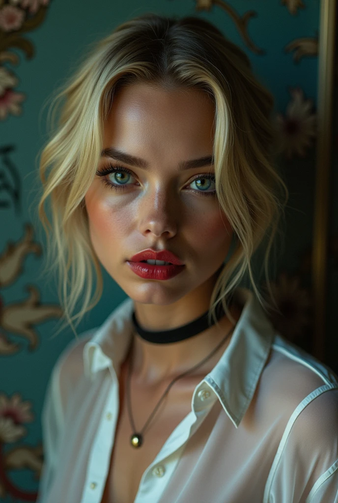 
Realism, Realistic, ultra realistic details: velvety skin, blonde short slicked to the side hair, symmetrical lips, light glossy red_lipstick, long blue_eyelashes, pupils, BREAK, ultra realistic 8k cg, masterpiece, ((ultra detailed background, delicate pattern, intricate detail)), best quality, intricate details, chromatic aberration,anatomicallycorrect, perfect proportions), Hyper-Photorealistic ((portrait)) a cute 1model:1.4 24yo, dslr, best high quality soft lighting, sharp focus captured by Fujifilm XT3, f 5.6, in a dramatic lighting, (perfect composition),  long hair, golden hair, messy hair, red highlights, hair over one eye, sharp eyes, choker, brick wall, graffiti, dim lighting, alley, oversized shirt,off shoulder, see through white shirt, Masterpiece, best quality