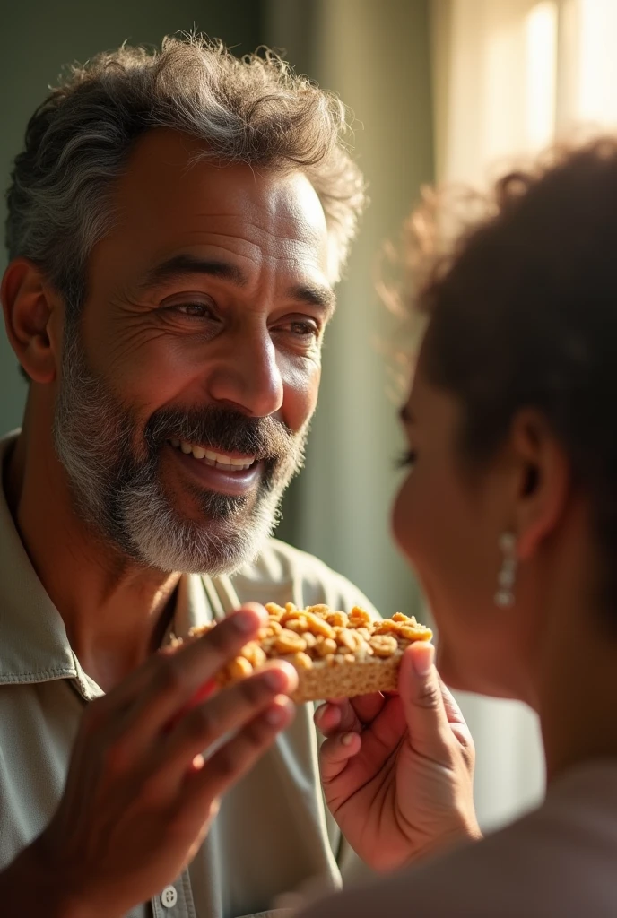 a middle-aged black man receiving a cereal bar from his mother, both appear in the photo, beautifully detailed portrait, intricate details, highly realistic, sunlight, warm colors, soft lighting, 1man, 1woman, photorealistic, (best quality,4k,8k,highres,masterpiece:1.2),ultra-detailed,(realistic,photorealistic,photo-realistic:1.37)