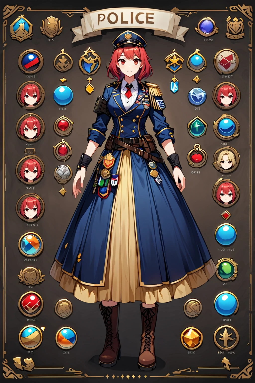 Framed Presentation of a police, woman character design sheet for a video game with detailed accessories, boots, multiple icons, and police costume, Ball Gown, buttons to customize the character to your liking, sphere,(game icon),medal icon,rpg,