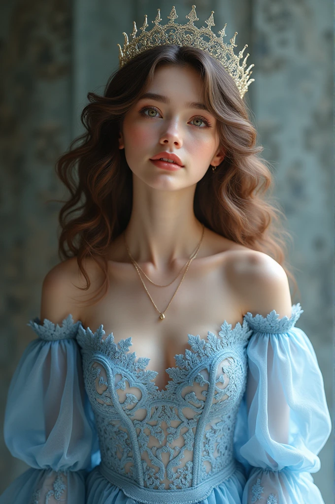  light brunette with curly hair and light blue long-sleeved lace dress with crown
