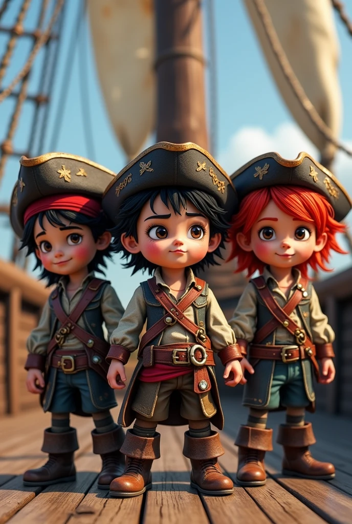 Three child pirates, one with black hair and two with red hair