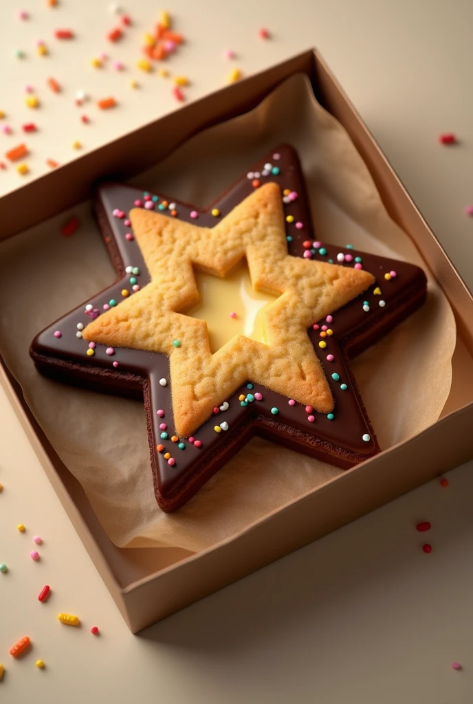 create a cookie packaging, It can be seen that the cookie is a star-shaped cookie filled with cheese and covered in chocolate with sprinkles.