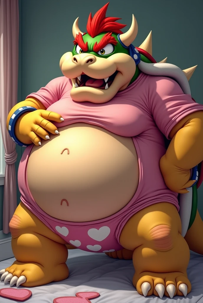 Bowser from Super Mario, Extremely obese, chubby, embarrassed, huge round belly, big moobs, heart underpants, pink tight short sleeves t-shirt, laying down on a bed, one hand on the belly, sexy aura