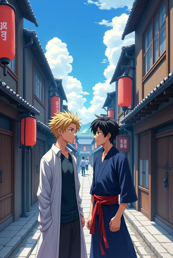 Japanese anime 20 year boy with blond hair, with a 20 years boy with black hair in a old samouraï japanese street