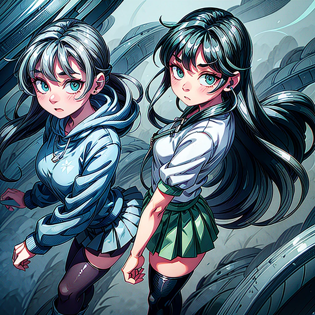 girl with blue-green eyes, wavy hair, long black hair. Comfortable clothes, balanced chubby girl's body, full body. chaotic scenery and a confident Pose. girl with some accessories such as: A wireless earphone, one on each side of her ear. A wireless earphone, one on each side of her ear, a cell phone in her hands and eyes closed. Dressed in: a green cropped top with bunny accessories, a bunny ear on the hood, a tight black skirt, tight black stockings, black boots. Beautiful scenery