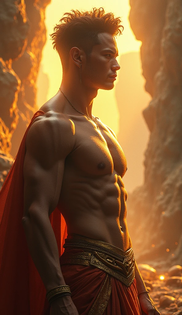 a man with a noble and benevolent expression, beautiful detailed eyes, beautiful detailed lips, extremely detailed face, longeyelashes, muscular physique, in a serene and contemplative pose, standing in a mythological landscape with dramatic lighting, radiant colors, glowing energy, 8k, detailed description, masterpiece, cinematic, epic, conceptual art