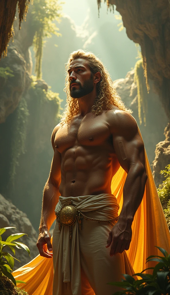a man with a noble and benevolent expression, beautiful detailed eyes, beautiful detailed lips, extremely detailed face, longeyelashes, muscular physique, in a serene and contemplative pose, standing in a mythological landscape with dramatic lighting, radiant colors, glowing energy, 8k, detailed description, masterpiece, cinematic, epic, conceptual art