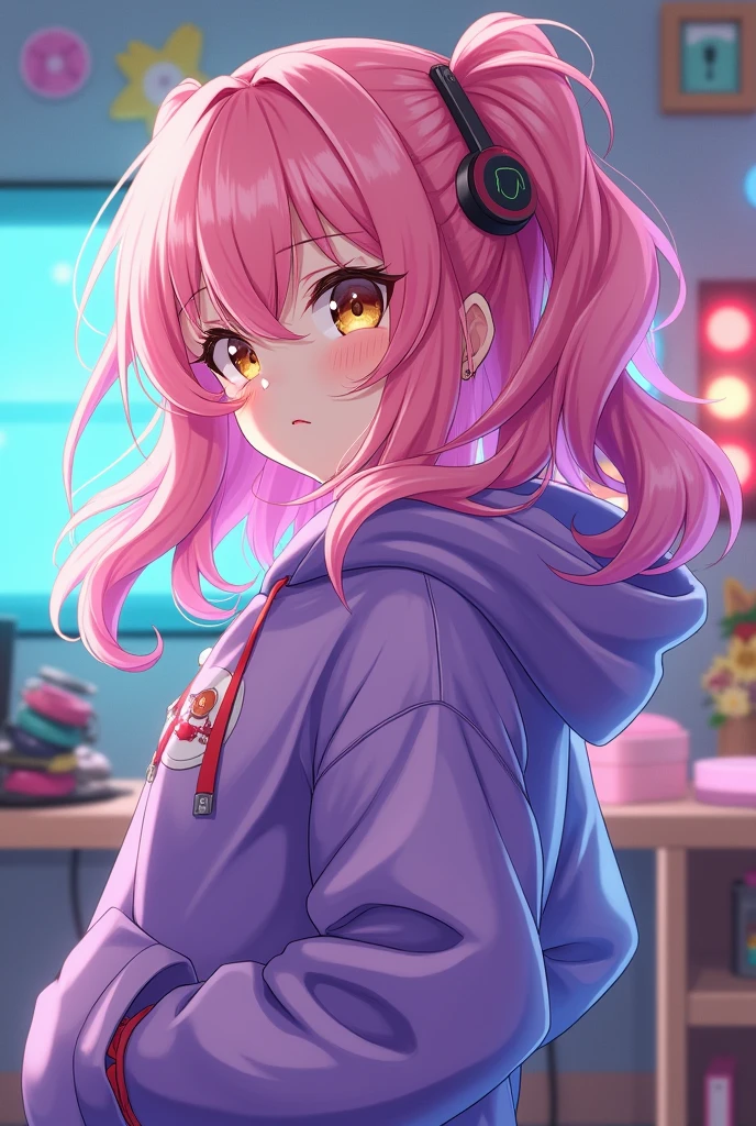 Stunning anime character Emiru, vibrant pink hair cascading in soft waves, expressive amber eyes sparkling with mischief, wearing a stylish oversized purple hoodie adorned with playful gaming motifs, body language exuding confidence and charm, energetic pose enhancing the playful atmosphere, dynamic composition with swirling motion lines emphasizing excitement, background inspired by a whimsical gaming setup, colorful LED lights casting a lively glow, quirky gaming memorabilia scattered throughout, ethereal pastel color palette blending shades of lavender, turquoise, and soft pinks, charming yet cheeky expression inviting interaction, harmonious fusion of Twitch culture and anime aesthetics, intricate details showcasing the design of her outfit, soft gradients creating depth in hair and fabric textures, overall ambiance filled with joy and creativity, executed in a high-quality digital anime style, meticulously crafted with crisp lines and vibrant colors, capturing both character and culture in a heartwarming tribute.
